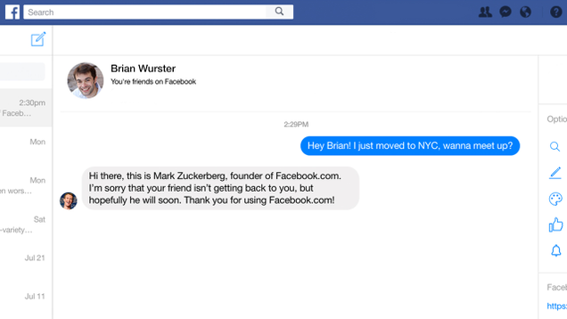 Illustration for article titled Game Changer: Mark Zuckerberg Will Now Respond To You In Facebook Messenger If Your Friend Doesn’t Get Back To You Quickly Enough